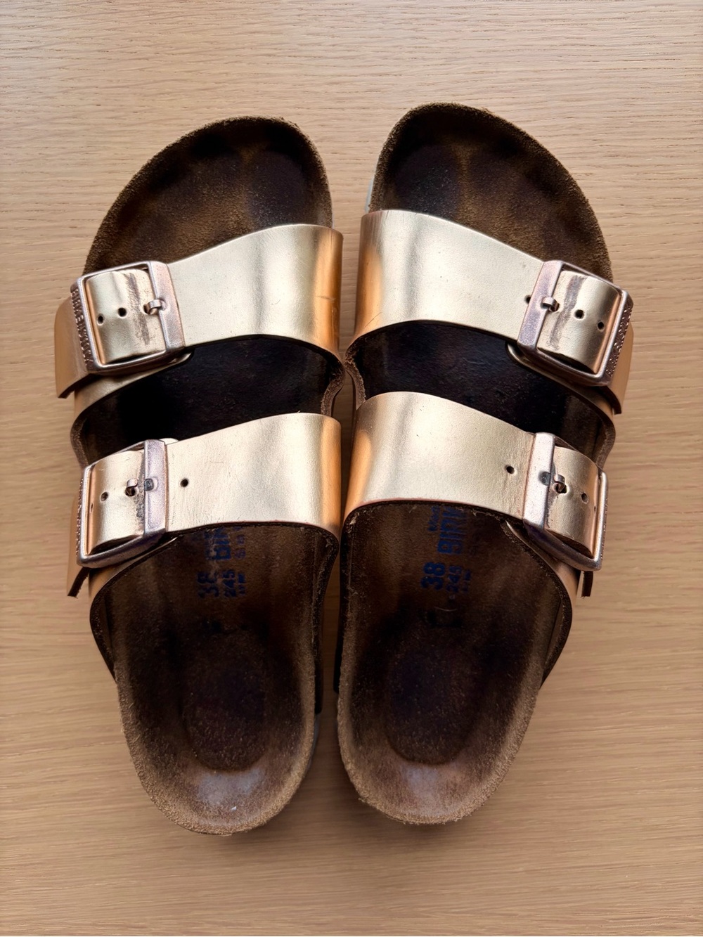 Rose Gold Leather Birkenstock Arizona Sandals - Size 38